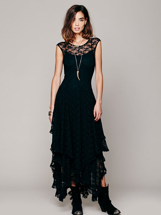 Embroidery Crochet Backless Black Maxi Dress