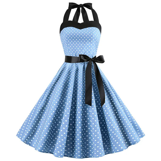 50s 60s Retro Halter Gothic Pin Up Blue Dress