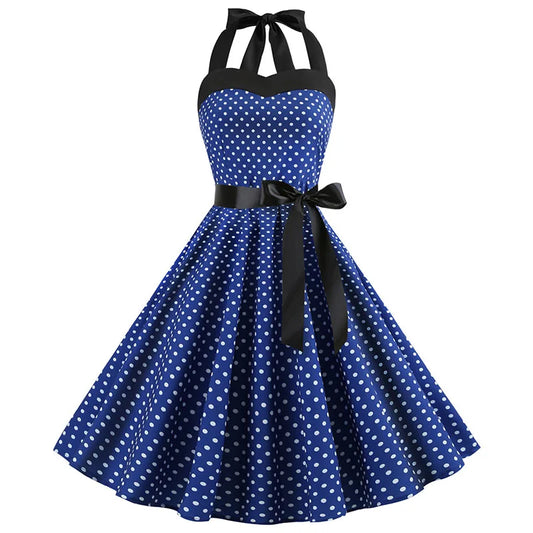 50s Retro Halter Gothic Pin Up Blue Dot Dress