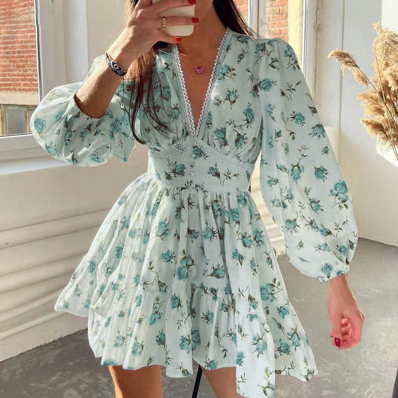 High Waist Long Sleeve Vintage Ruffles Mini Dress