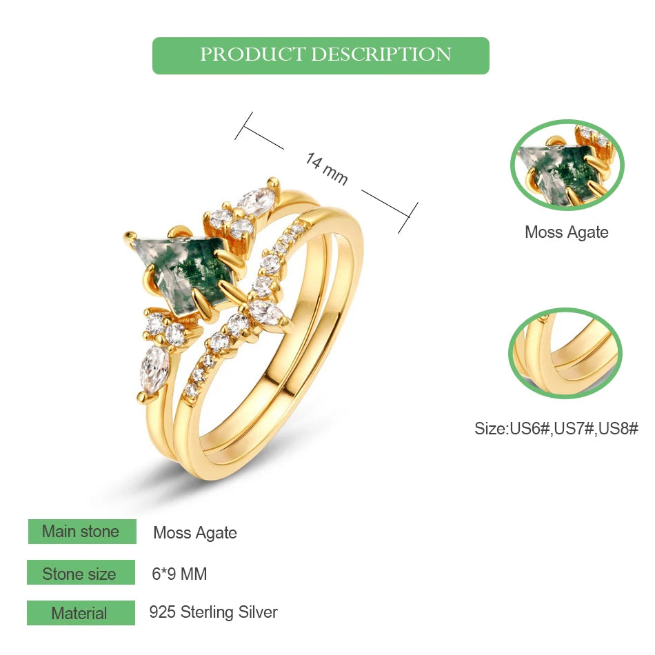 Natural Moss Agate Silver Ring Sets Gold Plated