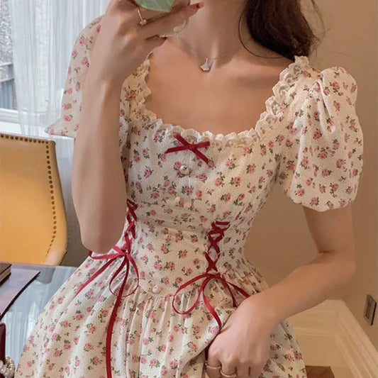 High Waist Vintage Puff Sleeve Lace-up Corset Dress