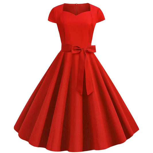 1950s Solid Color Square Collar Midi Dresses