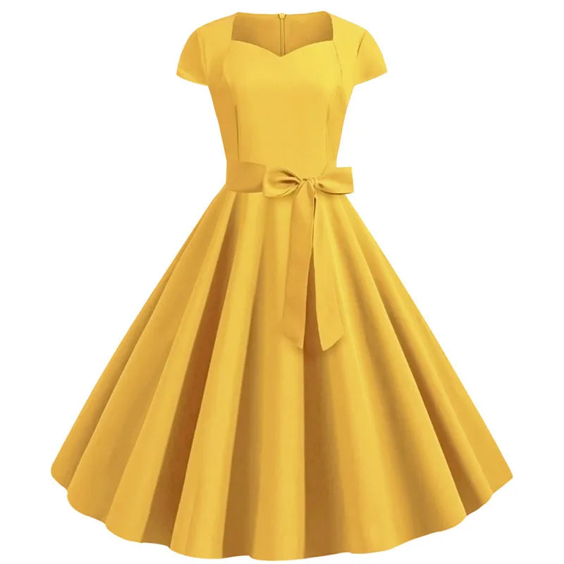 1950s 60s Yellow Square Collar Green Midi Dresses