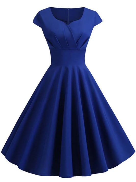 V-Neck 1950s Vintage Midi Blue Robe Dresses