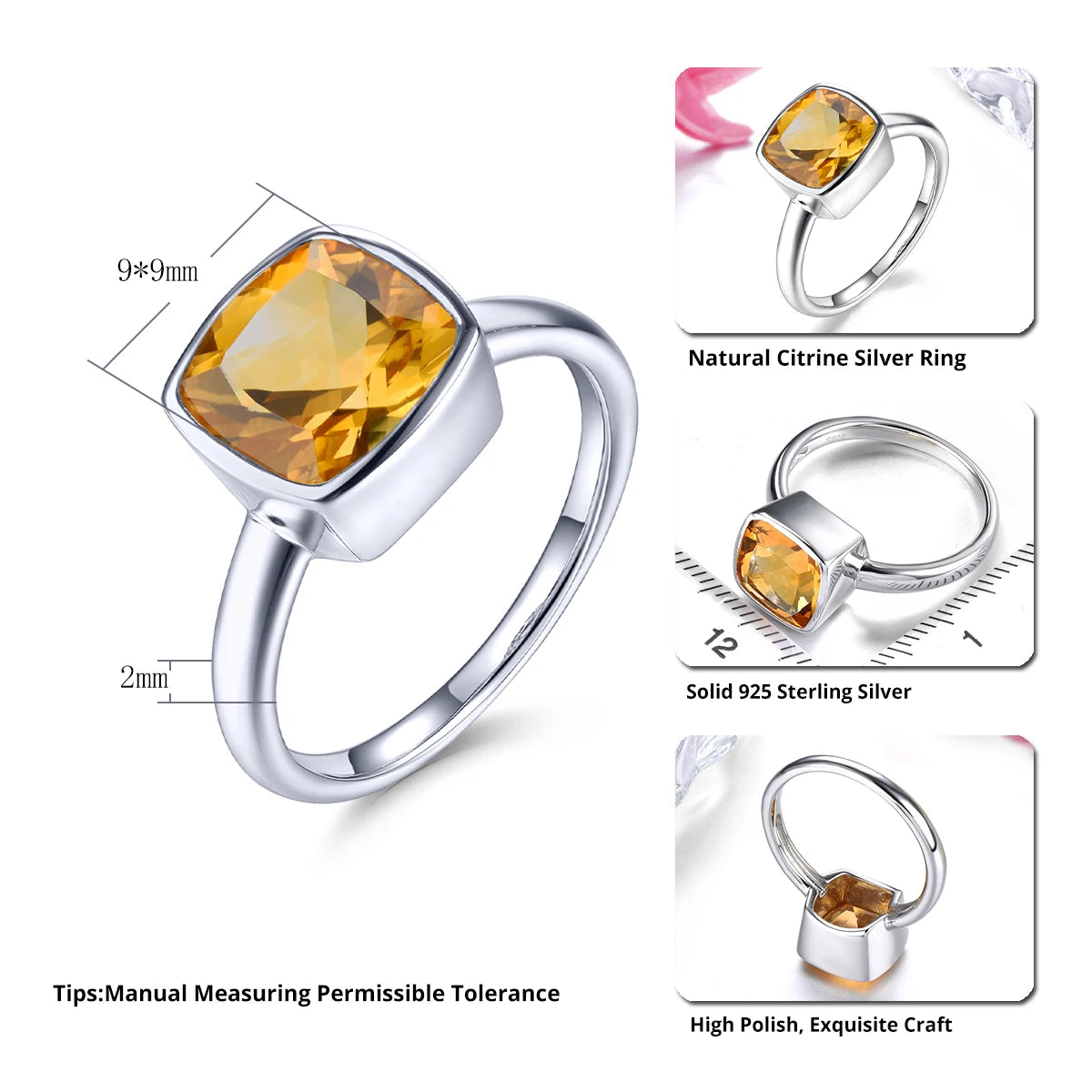 1.9 Carats Natural Citrine Classic Silver Rings