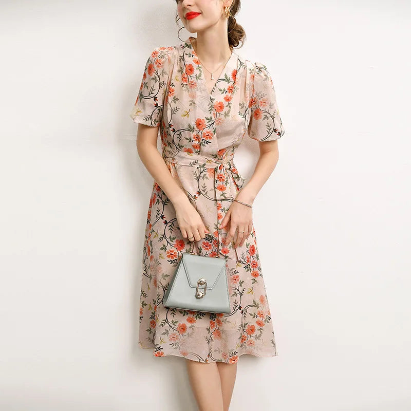 100% Mulberry Silk Floral Print Midi Dresses