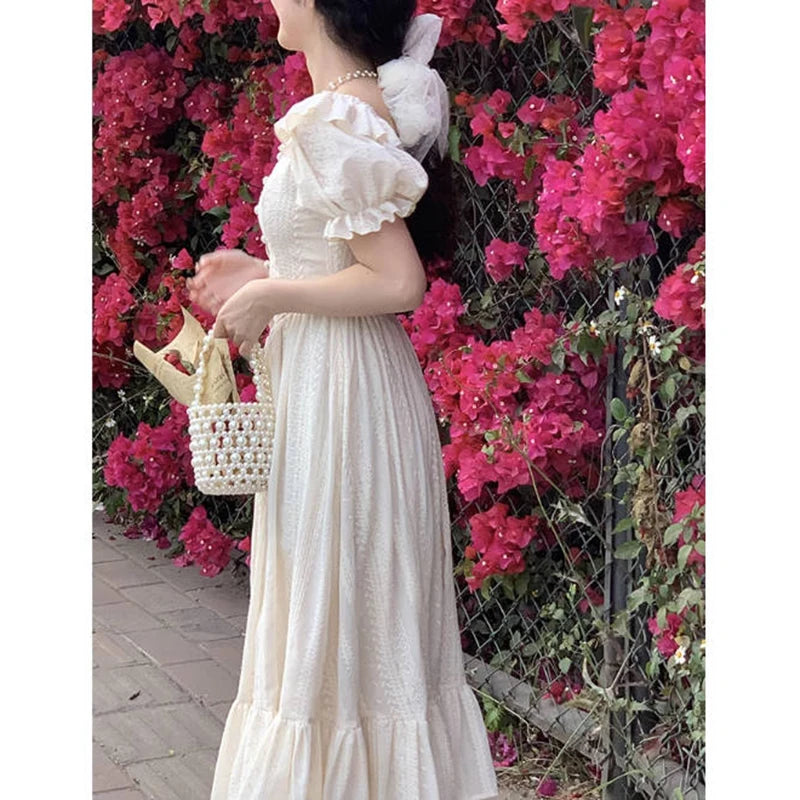 Puff Sleeve Ruffle Chic Vintage White Maxi Dress