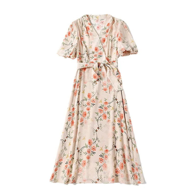 100% Mulberry Silk Floral Print Midi Dresses