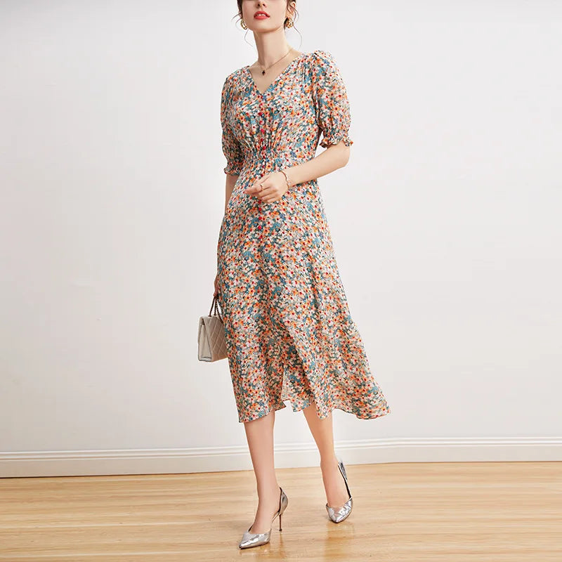 100% Mulberry Silk French Style Shirring Floral Printing Puff Sleeve Dresses