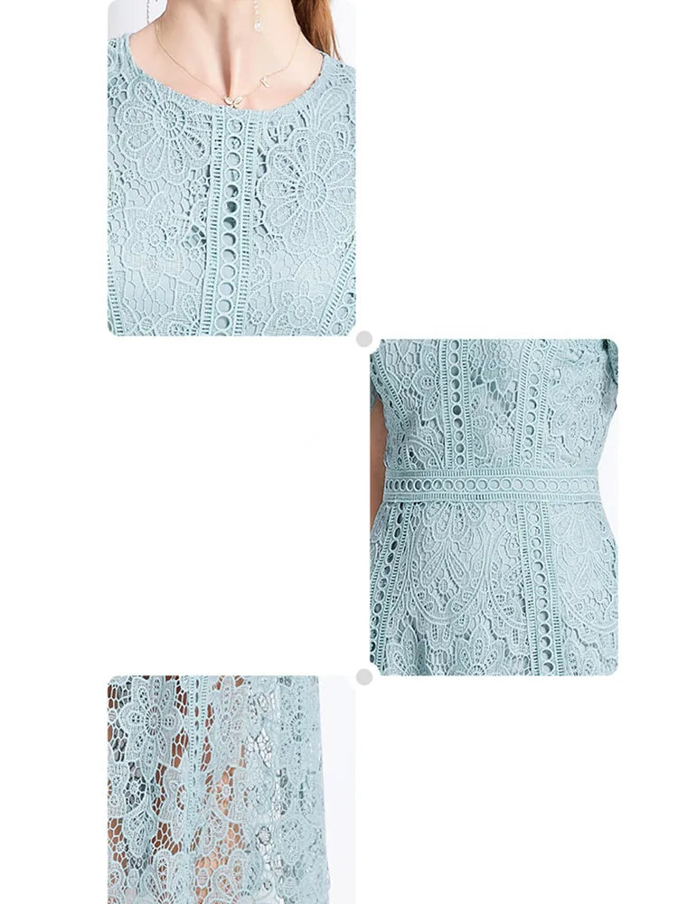 O-Neck Short Sleeve Lace Hollow Out Dress