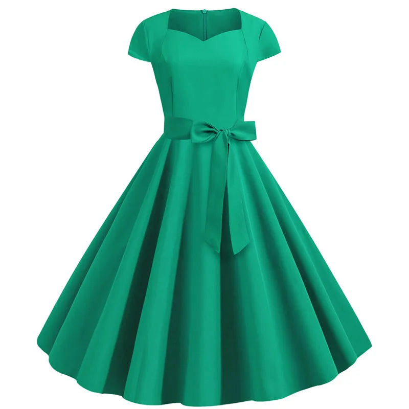 1950s 60s Yellow Square Collar Green Midi Dresses