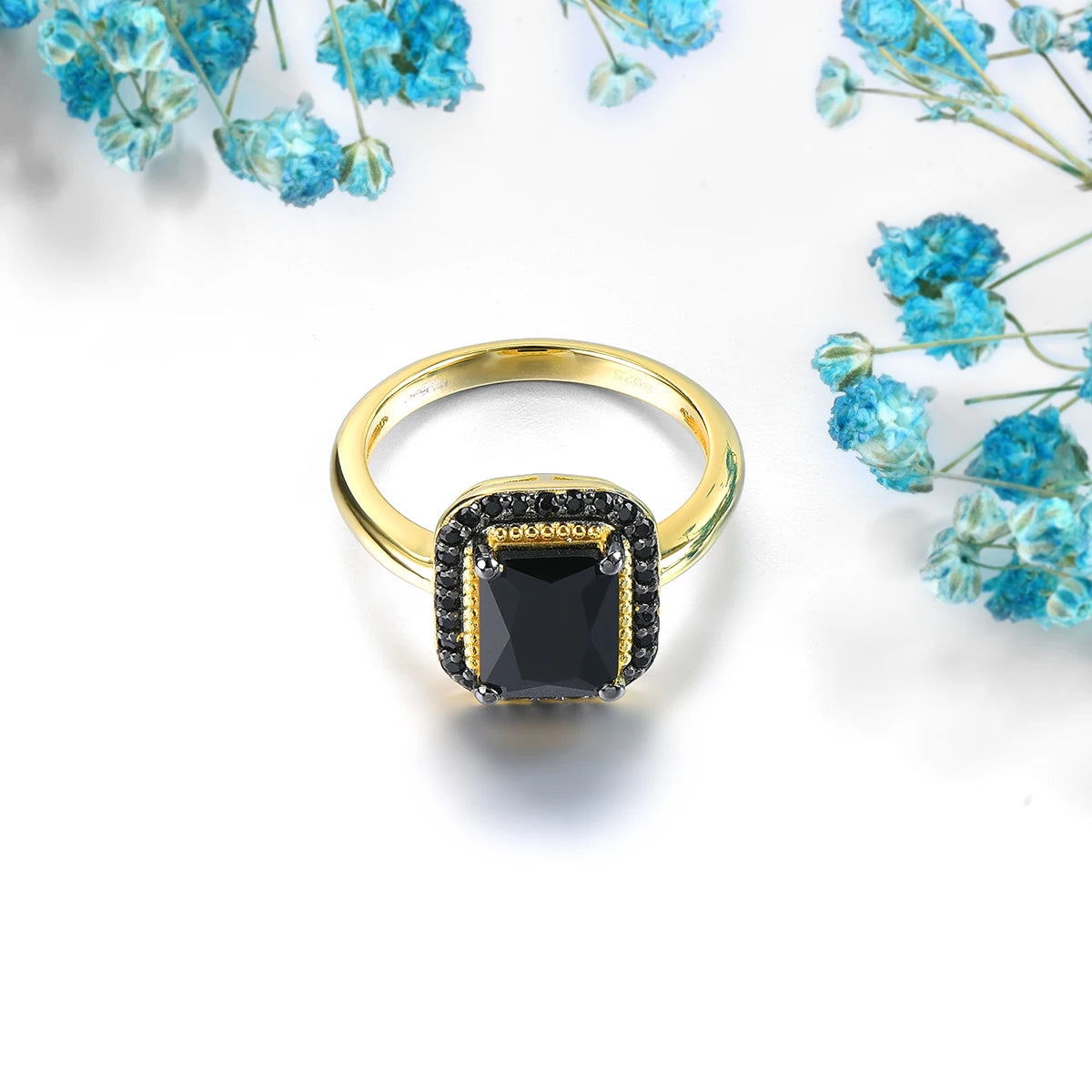 2.6 Carat Natural Black Spinel Yellow Gold Plated Silver Rings