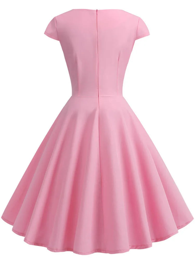 V-Neck 1950s Vintage Midi Pink Robe Dresses