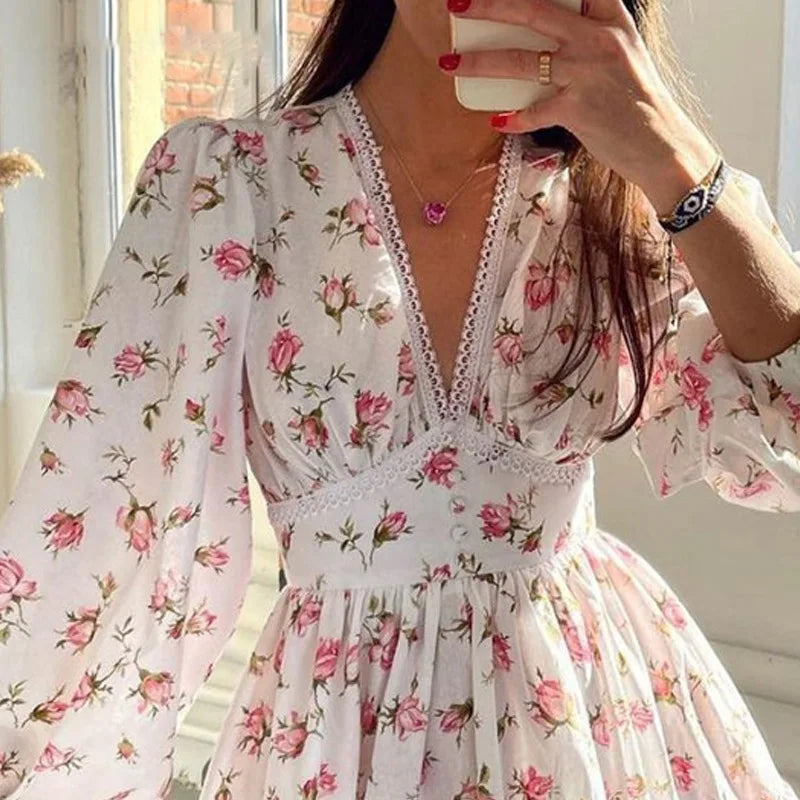 High Waist Long Sleeve Vintage Ruffles Mini Dress