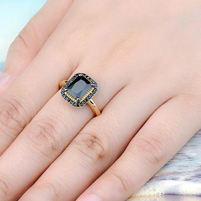 2.6 Carat Natural Black Spinel Yellow Gold Plated Silver Rings