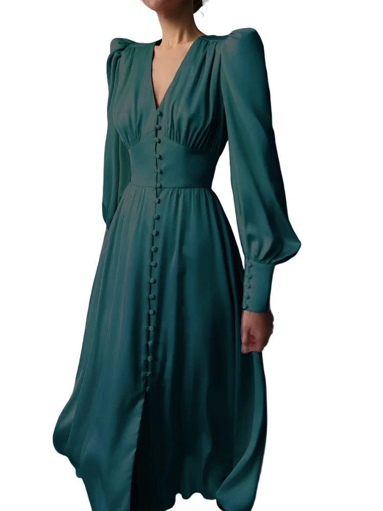 High Waist Lantern Sleeve Satin Sexy Long Dress