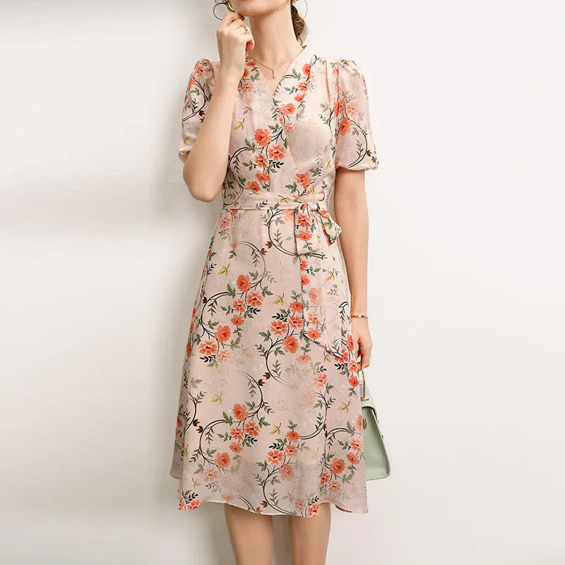 100% Mulberry Silk Floral Print Midi Dresses