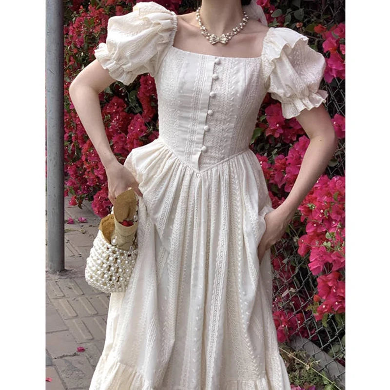 Puff Sleeve Ruffle Chic Vintage White Maxi Dress