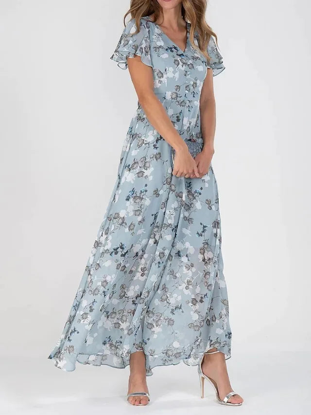 Vintage Floral Printing Chiffon Maxi Party Dresses