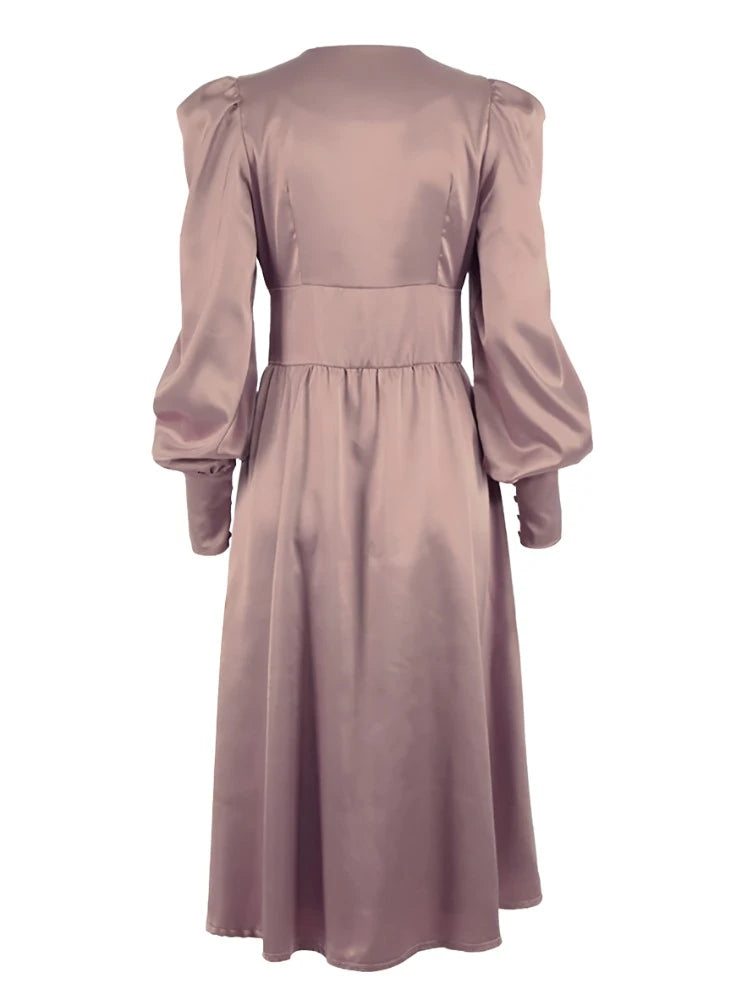 High Waist Lantern Sleeve Satin Sexy Long Dress