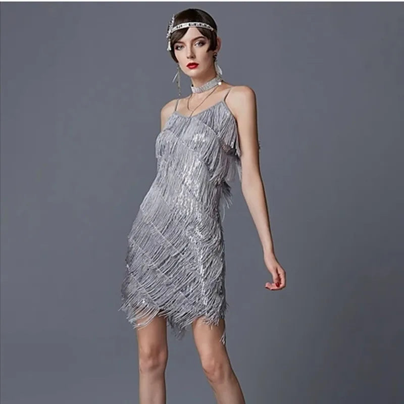 1920s Fringe Sequin Sexy Cami Blue Party Dress