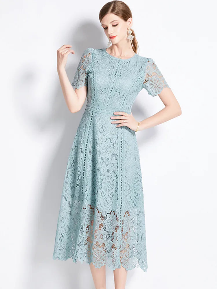 O-Neck Short Sleeve Lace Hollow Out Dress