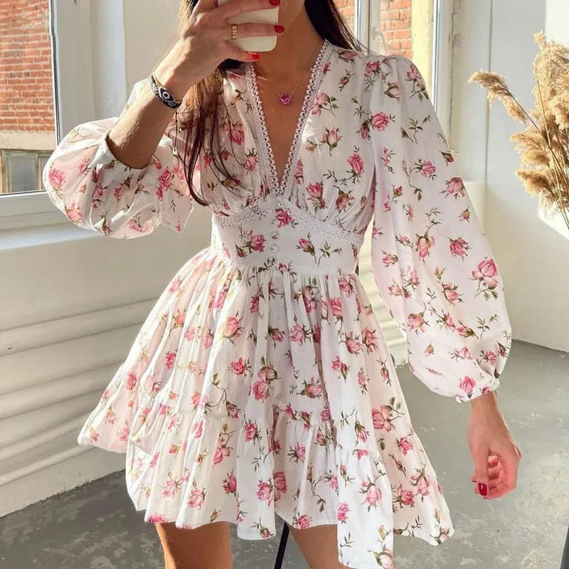 High Waist Long Sleeve Vintage Ruffles Mini Dress