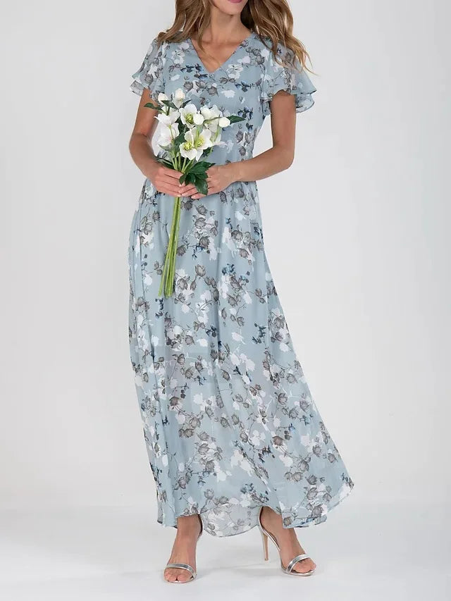 Vintage Floral Printing Chiffon Maxi Party Dresses