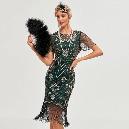 1920s Vintage Sequin Tassel Golden Green Dress