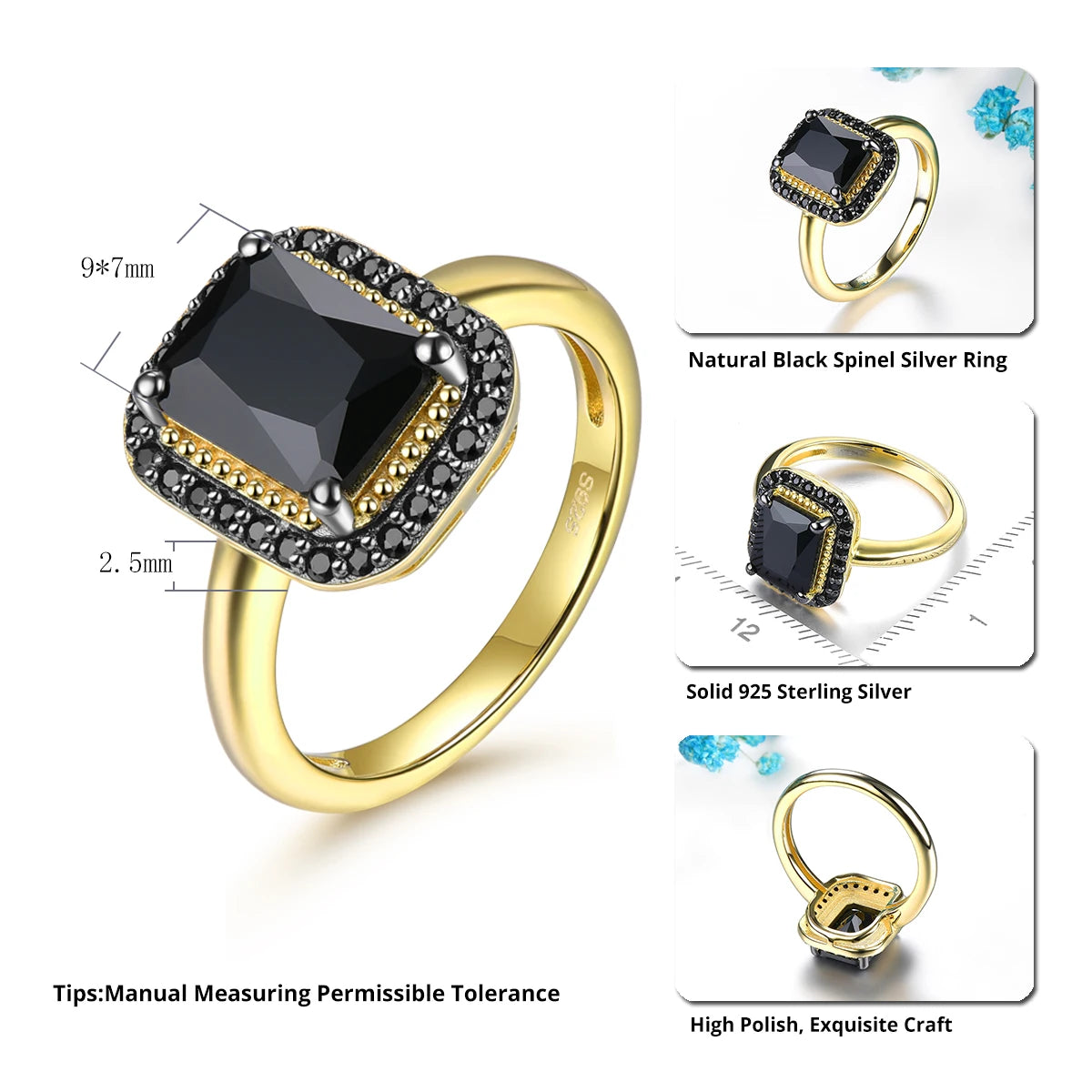 2.6 Carat Natural Black Spinel Yellow Gold Plated Silver Rings