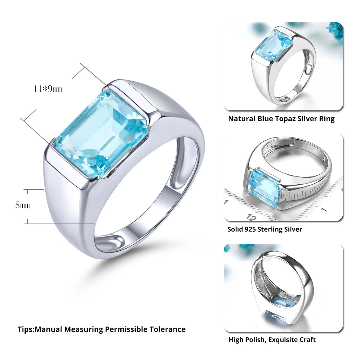 5.8 Carats Natural Blue Topaz Sterling Silver Rings