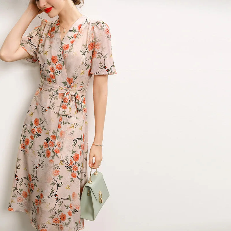 100% Mulberry Silk Floral Print Midi Dresses