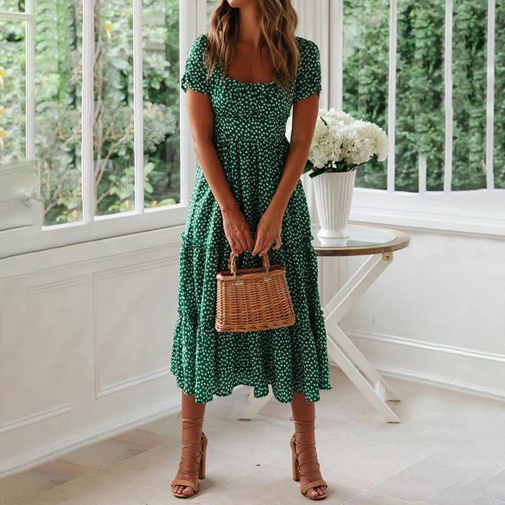 Short Sleeve Bohemian Floral Long Dress