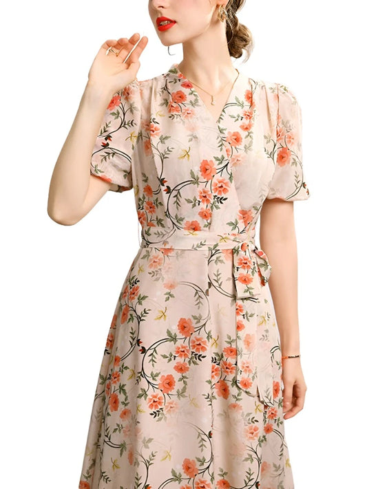 100% Mulberry Silk Floral Print Midi Dresses