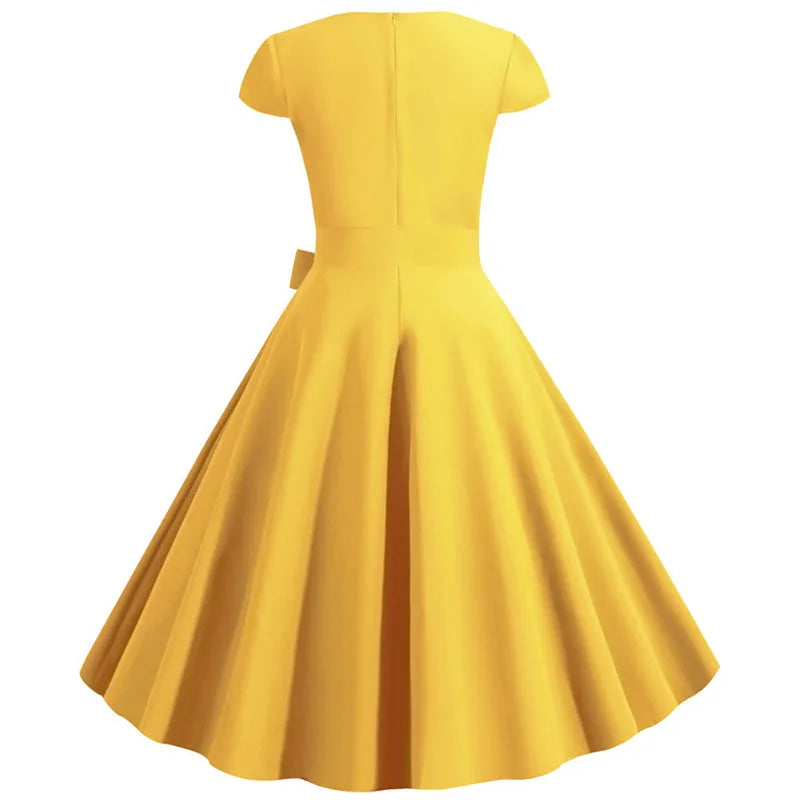 1950s 60s Yellow Square Collar Green Midi Dresses