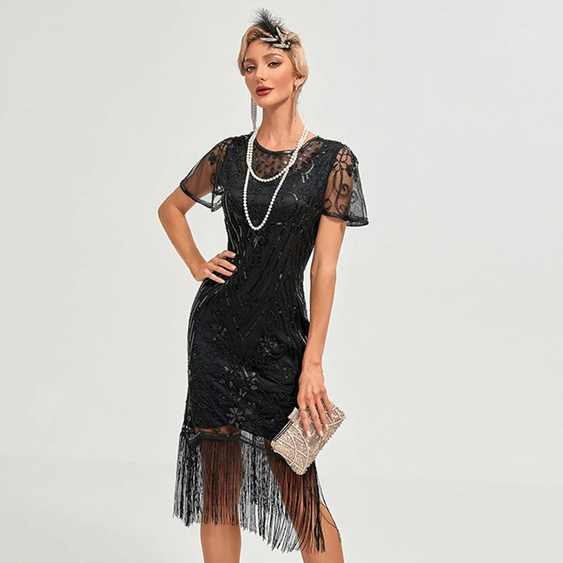 1920s Vintage Sequin Tassel Black Silver Dress