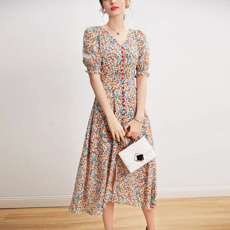 100% Mulberry Silk French Style Shirring Floral Printing Puff Sleeve Dresses