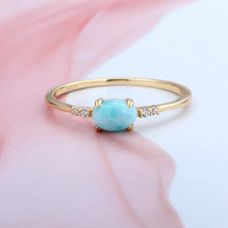 Natural Larimar Ring 925 Sterling Silver K Gold Plated