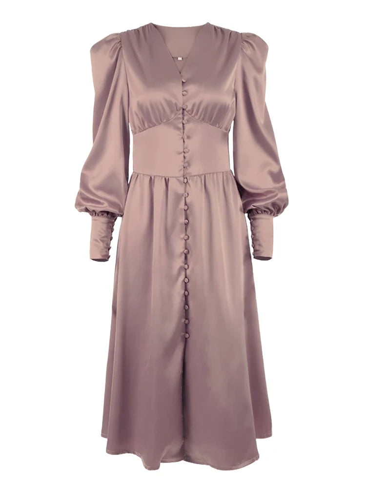 High Waist Lantern Sleeve Satin Sexy Long Dress