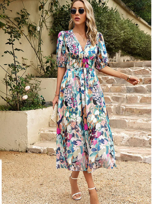 V-neck Print Elastic Waist Maxi  Dresses