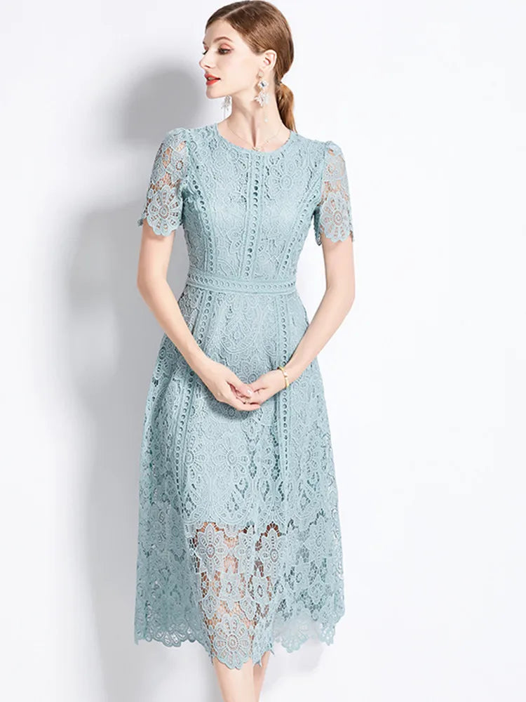 O-Neck Short Sleeve Lace Hollow Out Dress