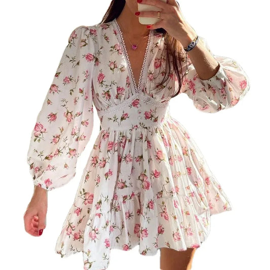 High Waist Long Sleeve Vintage Ruffles Mini Dress