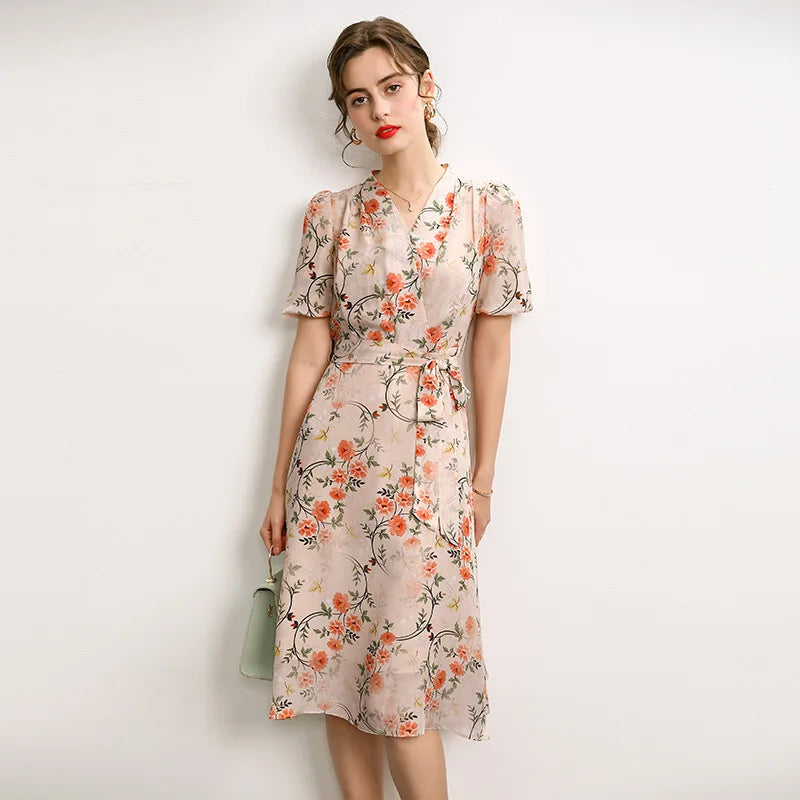 100% Mulberry Silk Floral Print Midi Dresses