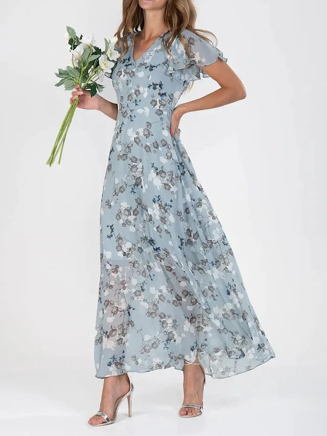 Vintage Floral Printing Chiffon Maxi Party Dresses