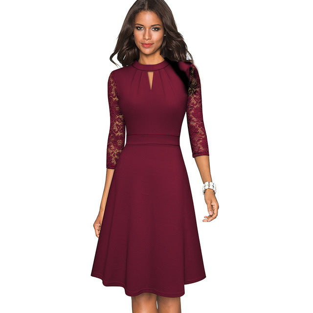 Solid Color Hollow Out Retro Lace Dresses