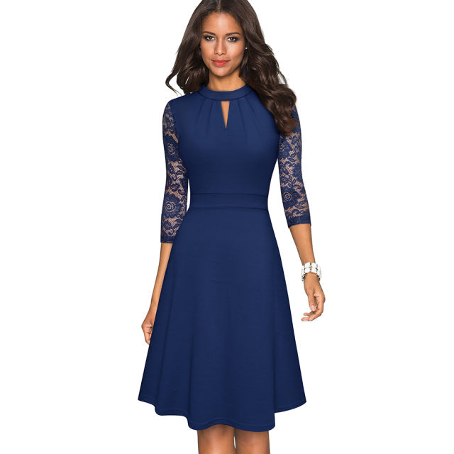 Solid Color Hollow Out Retro Lace Dresses